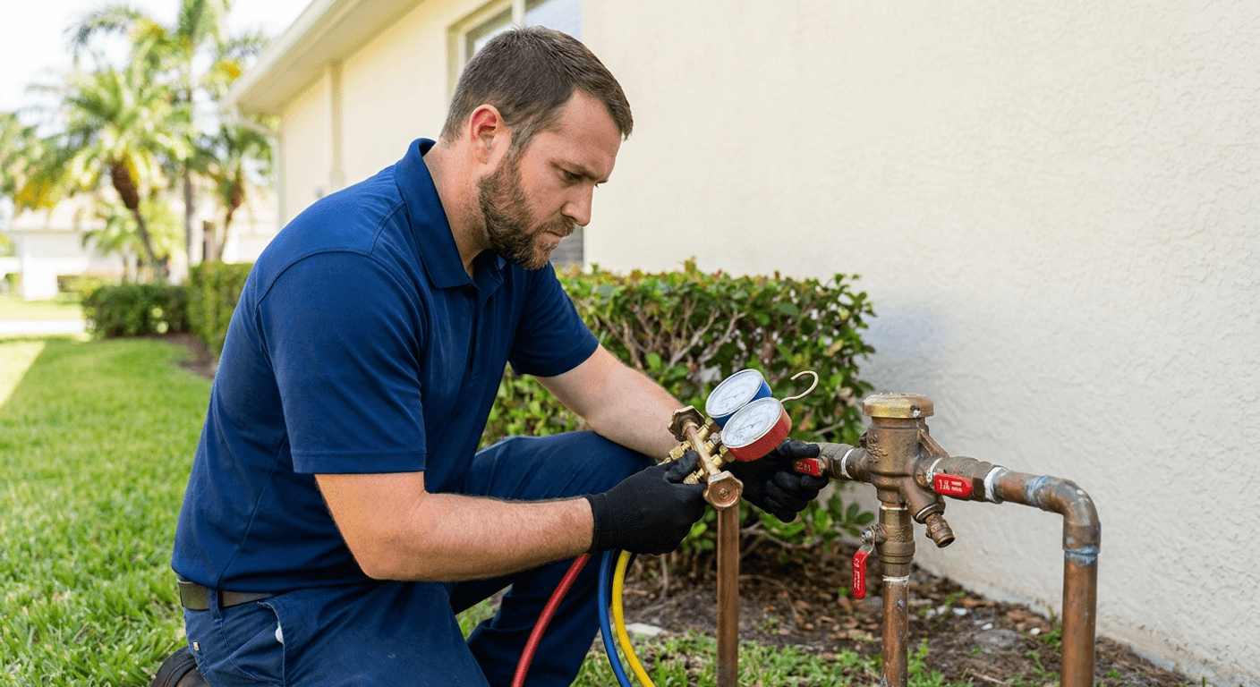 Certified tester attaching a gauge kit to a brass backflow preventer assembly outside a Tampa Bay home