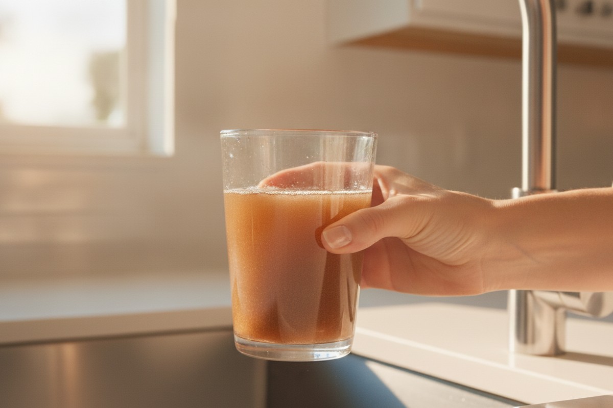 A homeowner's hand holding a clear drinking glass of visibly brown, rusty water in front of a kitchen faucet in a Florida kitchen.