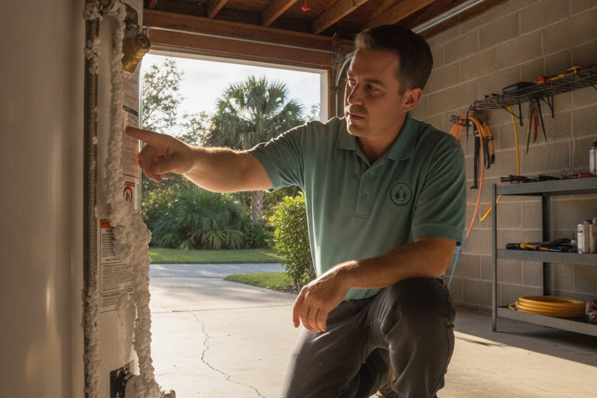 Plumber inspecting mineral scale on a garage water heater's fittings in a 1990s Brandon home