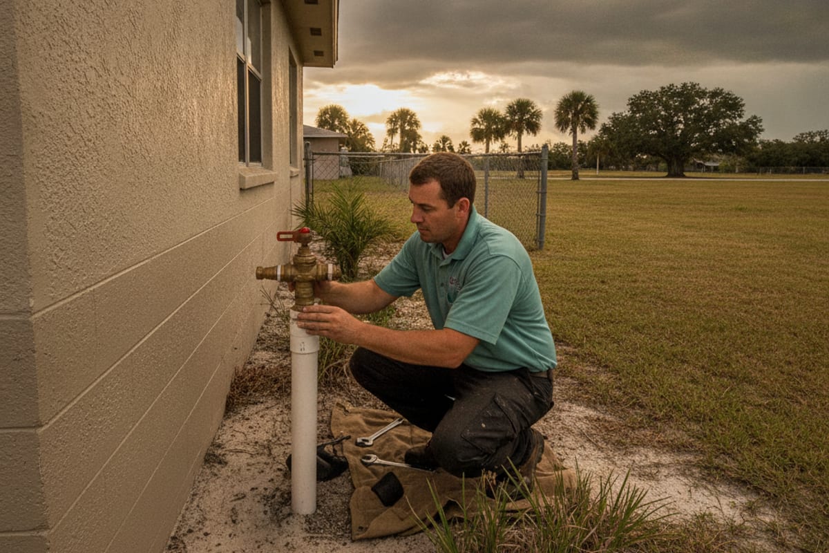 Plumber crouched at an outdoor backflow preventer beside an older single-story Florida block home as storm clouds build overhead