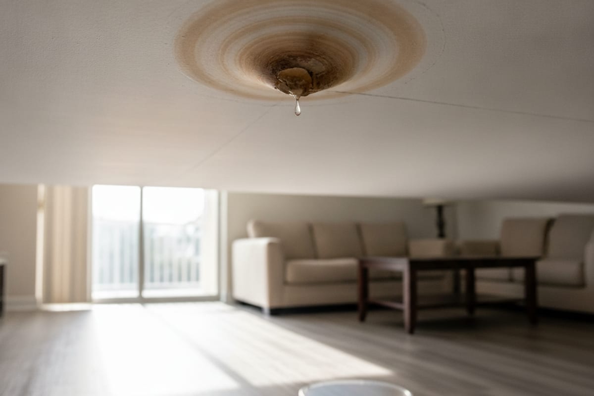 Large brown water stain with concentric tide rings on the white ceiling of a condominium living room, with a single drop of water hanging from its darkest center