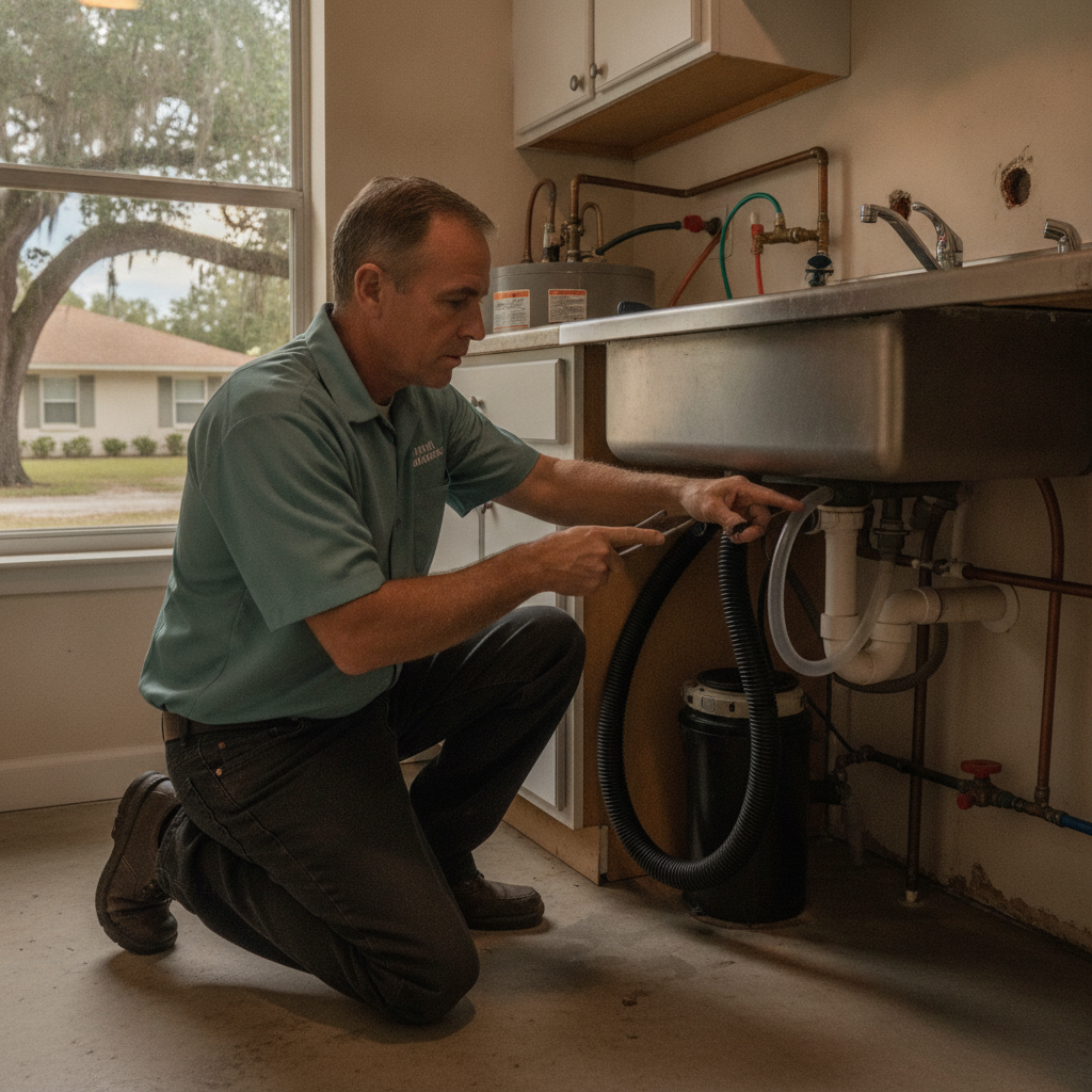 Open dishwasher in a Tampa Bay kitchen with standing wash water in the tub