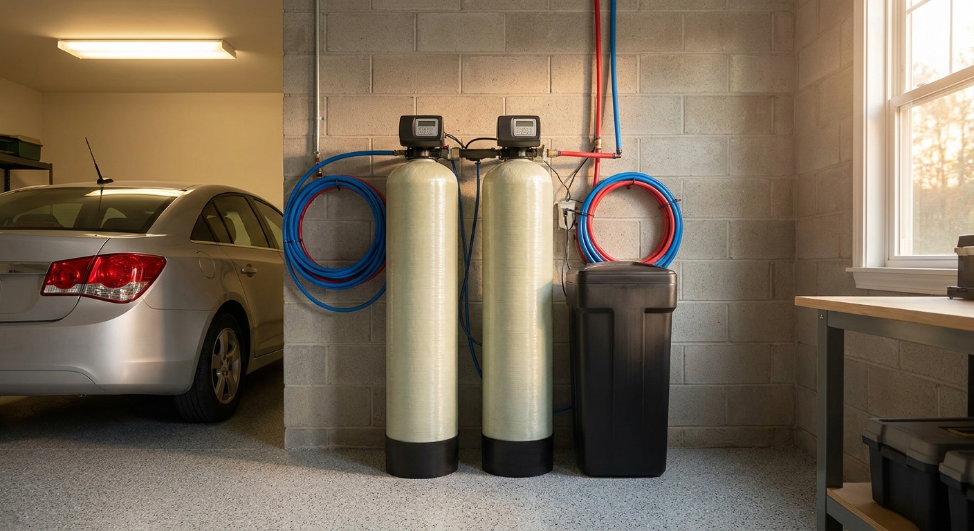 Whole-house water softener installed in a Tampa Bay garage