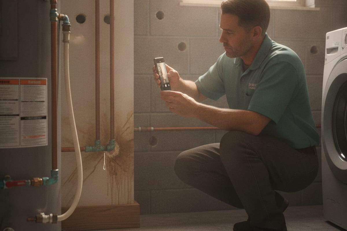 Homeowner photographing water damage near a leaking pipe joint on a smartphone for an insurance claim