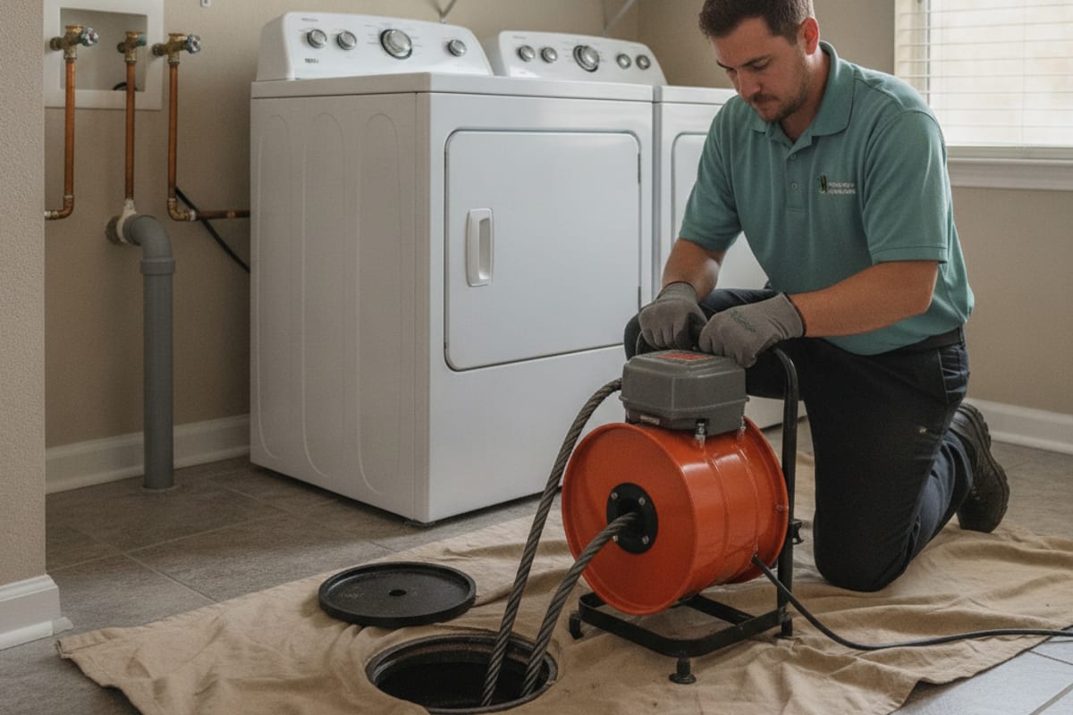 Technician feeding a motorized drain snake cable into a floor cleanout in a Tampa Bay laundry room