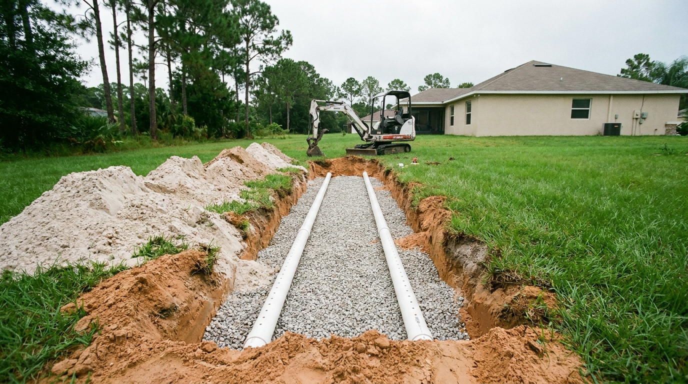 Excavated drain field trench with distribution lines in a sandy Pasco County yard