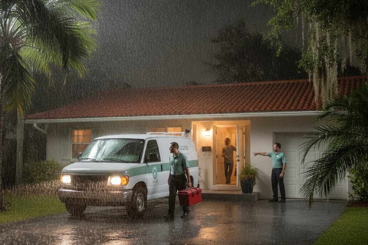 A plumbing service van arriving at a Florida home at night during heavy rain