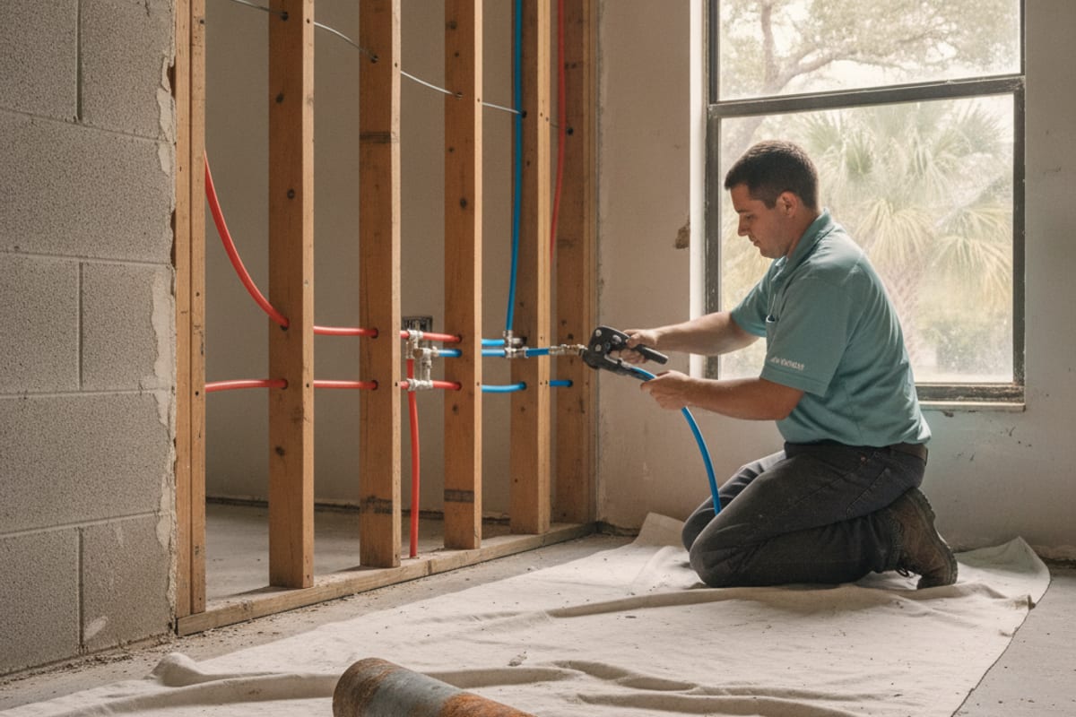 Plumber crimping a new PEX supply line in an open stud wall of an older Tampa Bay home, with a cut length of corroded galvanized pipe on the drop cloth
