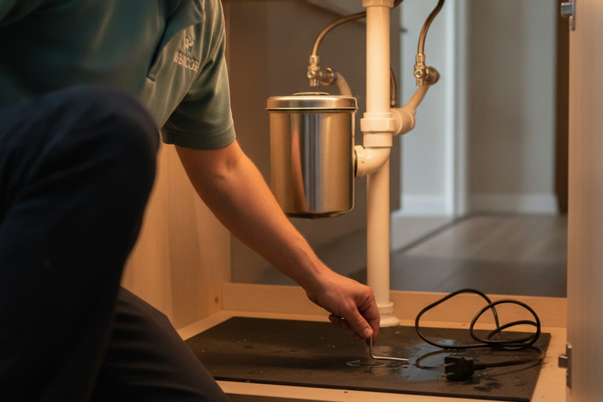 A hand inserting a hex key into the reset socket underneath a garbage disposal with the unit unplugged