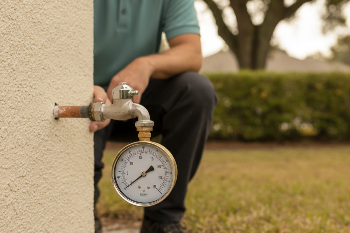 Brass water pressure test gauge threaded onto the hose bib of a Tampa Bay home while a plumber steadies the copper stub-out at the wall