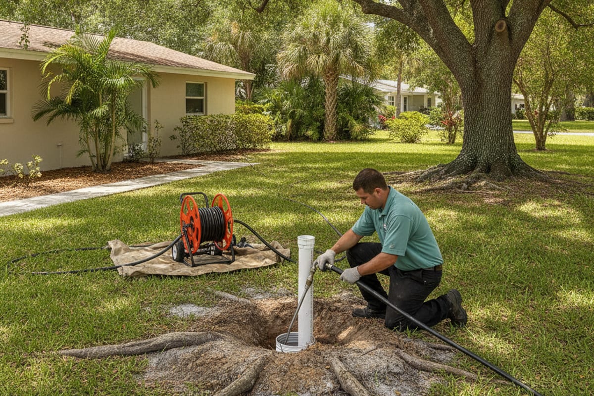 Technician operating a hydro-jetting hose feeding into an outdoor sewer cleanout near the roots of a mature live oak