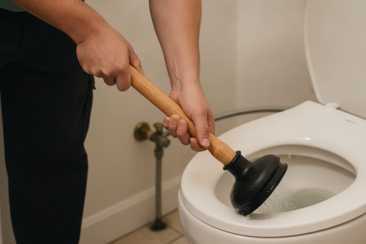 Flange plunger sealed in a toilet bowl ready to clear a clog