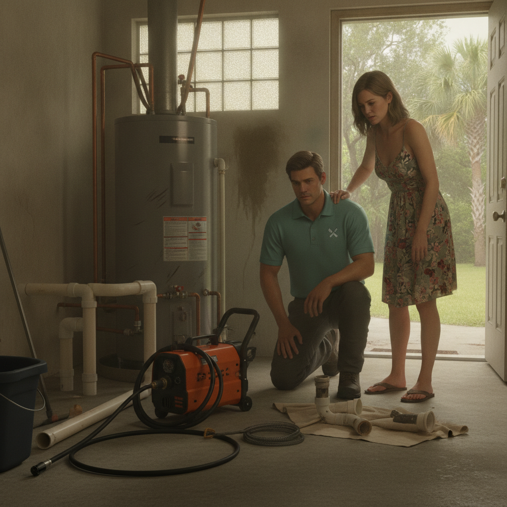 Plumber working a drain cleanout beside a Tampa Bay ranch home after a kitchen backup