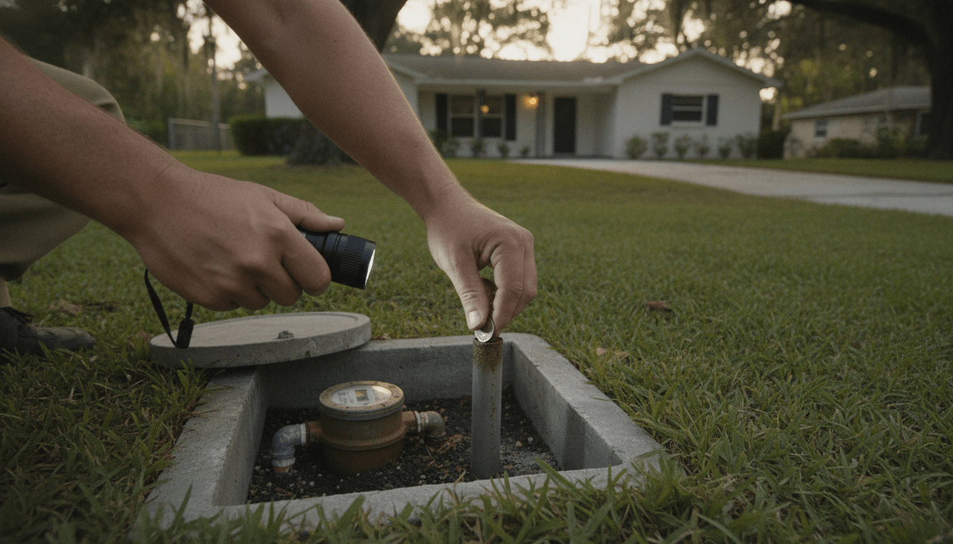 Homeowner scratching a water service pipe with a coin next to an open meter box in a Tampa Bay front yard