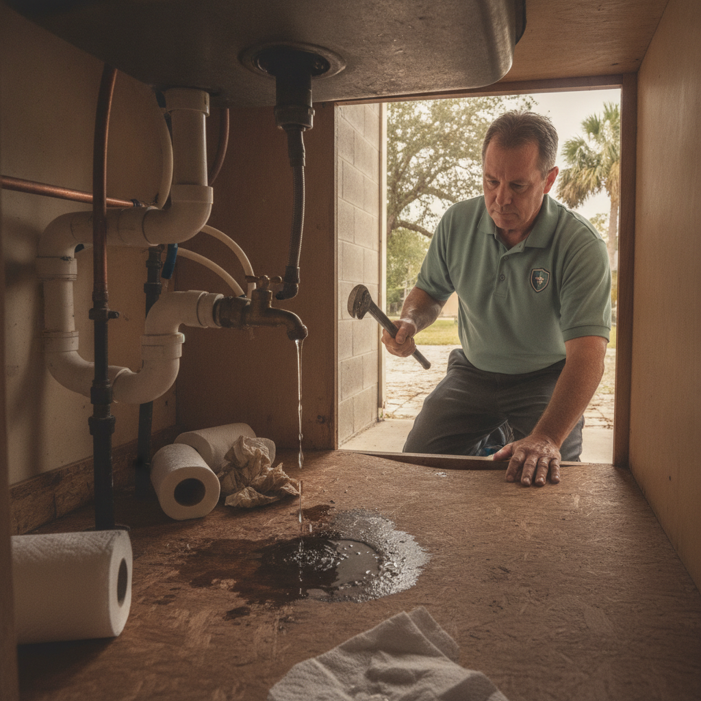 Water pooling in a Tampa kitchen cabinet around a chrome under-sink angle stop