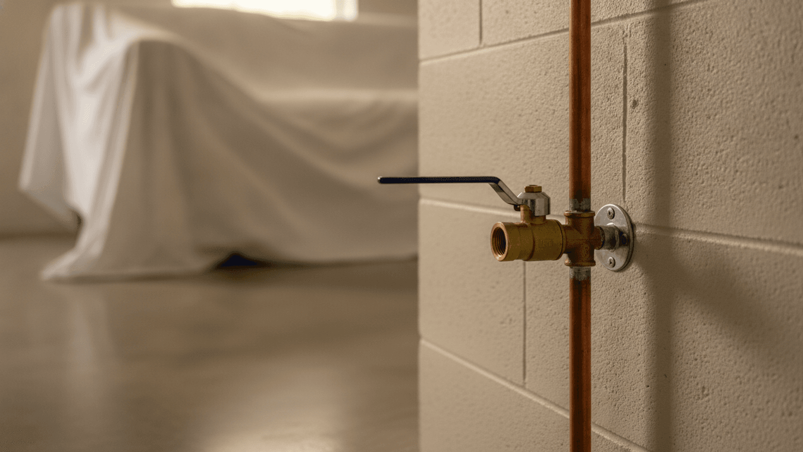 Closed brass main water shutoff valve on a copper riser in a Tampa Bay home, with living-room furniture under dust sheets in the background