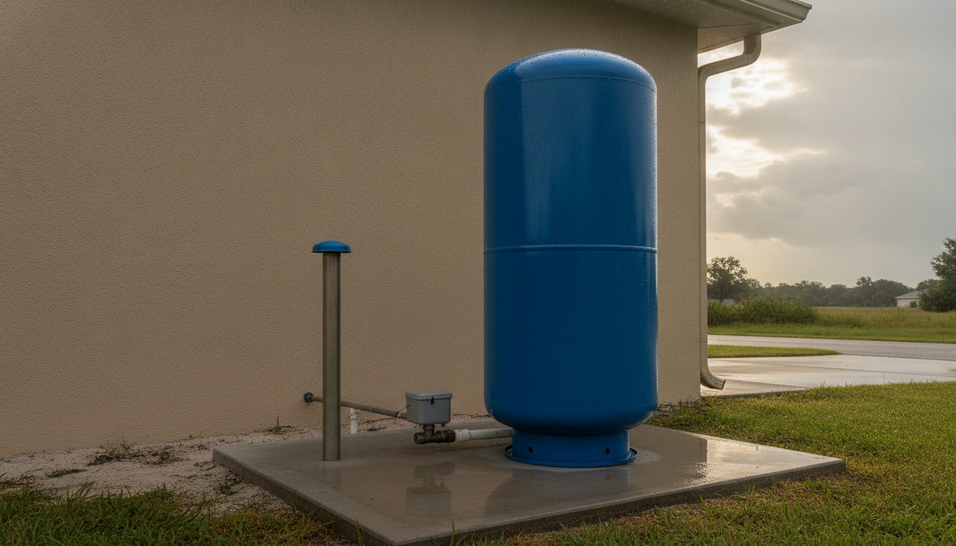 Residential wellhead casing, pressure switch and blue pressure tank on a concrete pad beside a Florida home under a clearing storm sky