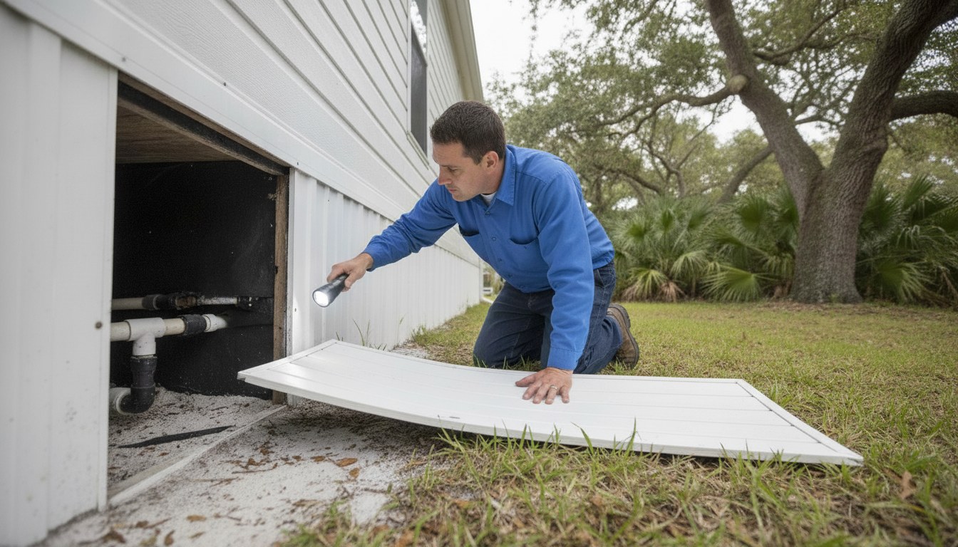 A plumber kneels beside a Florida manufactured home with a skirting panel removed, shining a flashlight on the supply piping running beneath the floor