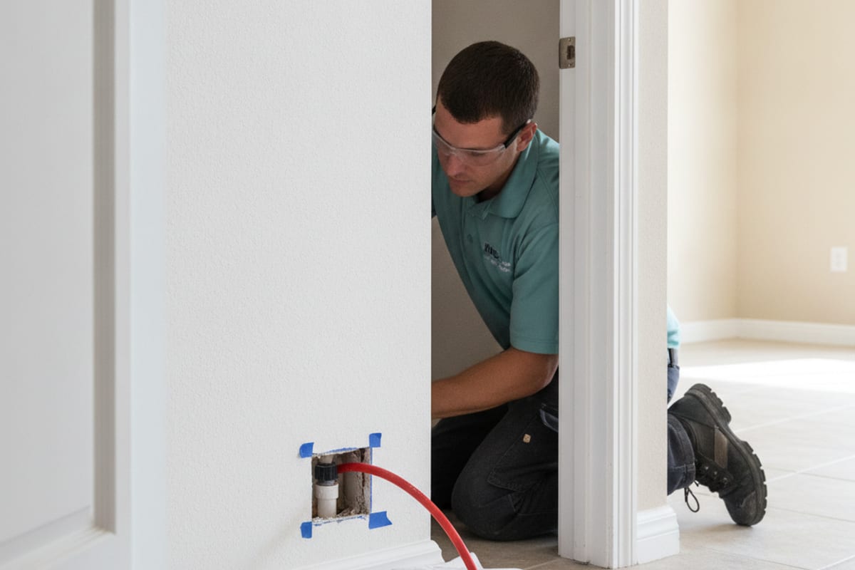 Plumber cutting a small access opening in drywall near a closet baseboard to reach a gray poly-b line during a repipe