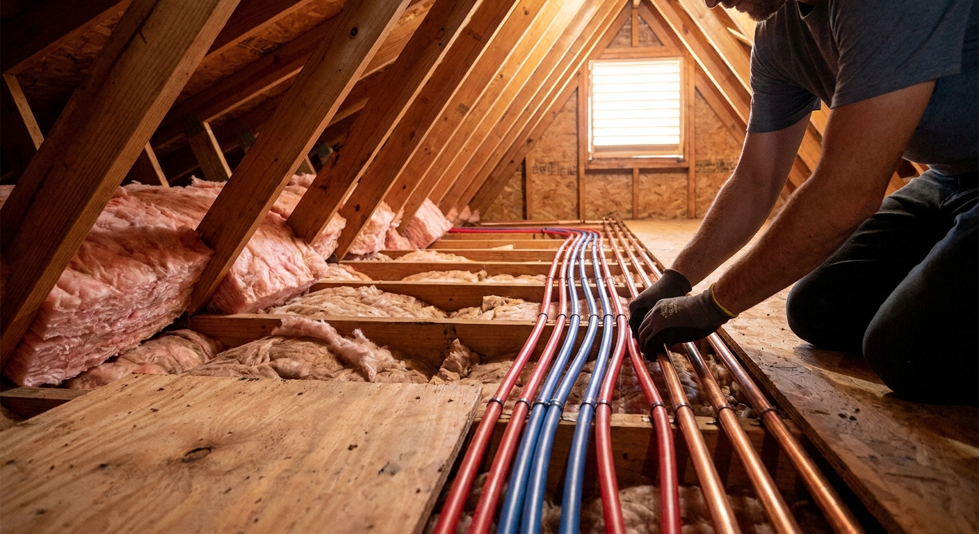 New PEX and copper water supply lines run through an attic during a Tampa repipe