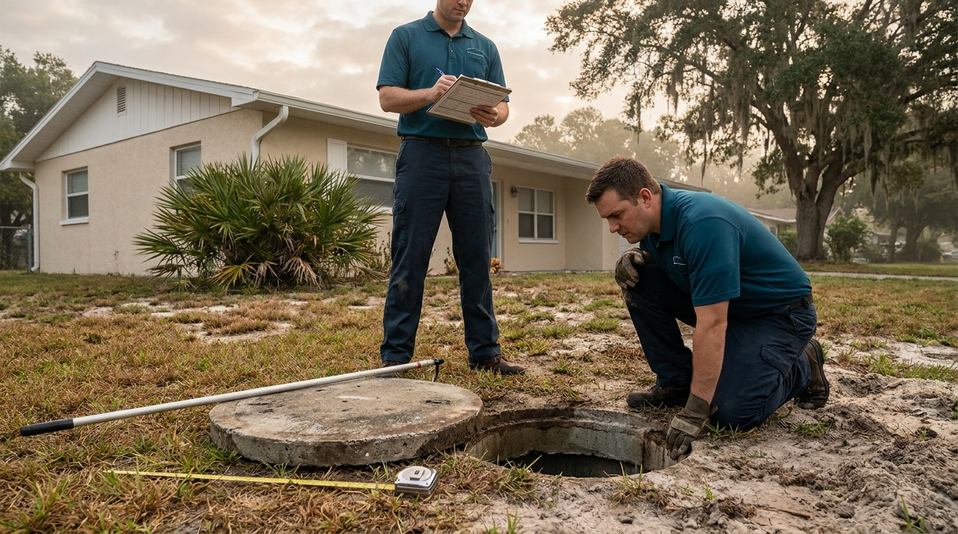 Two service technicians inspecting an open septic tank riser in the yard of a Tampa Bay ranch home