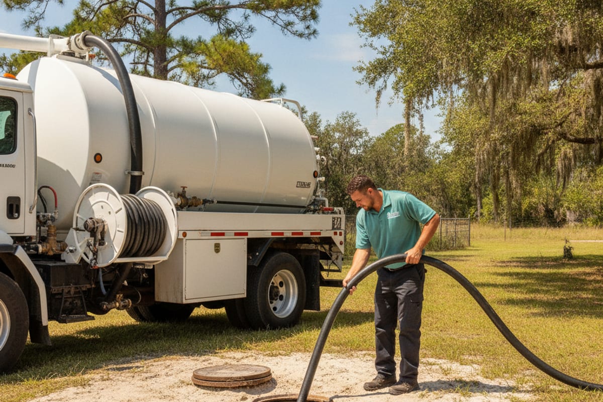 Technician pumping a residential septic tank at a rural Pasco County property