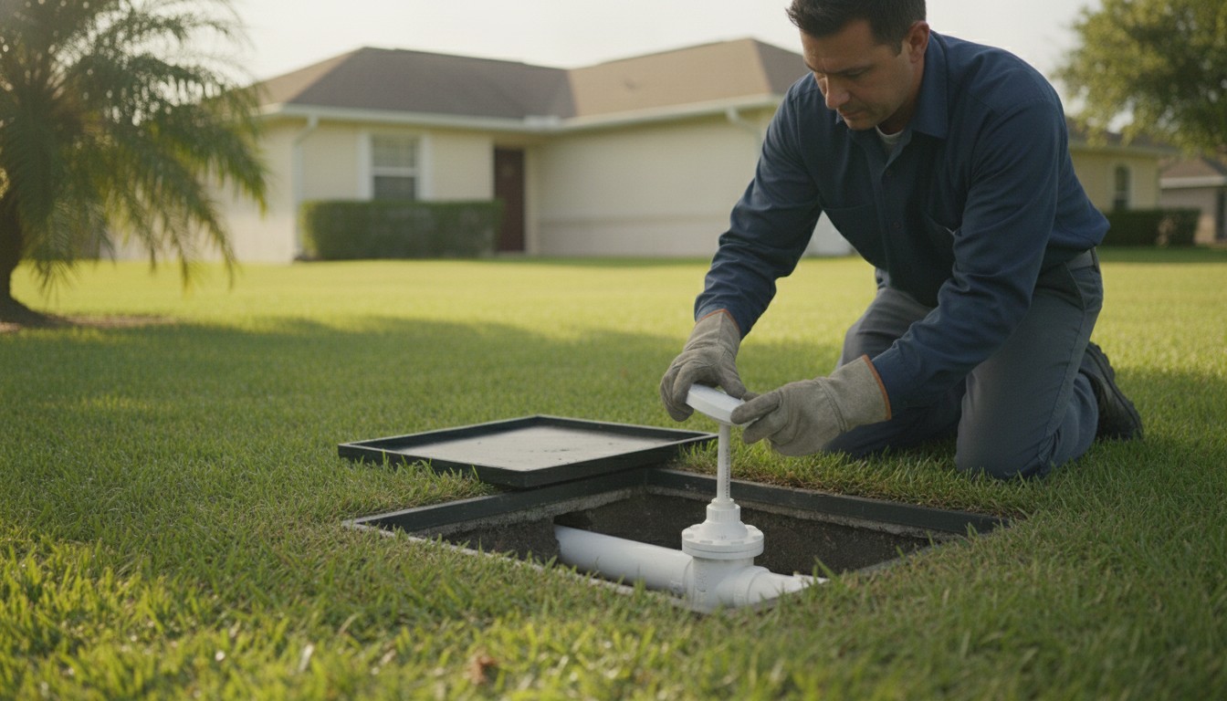 A plumber kneeling at an open ground-level access box in a Florida lawn, inspecting the riser cap of a backwater valve on the white sewer pipe below