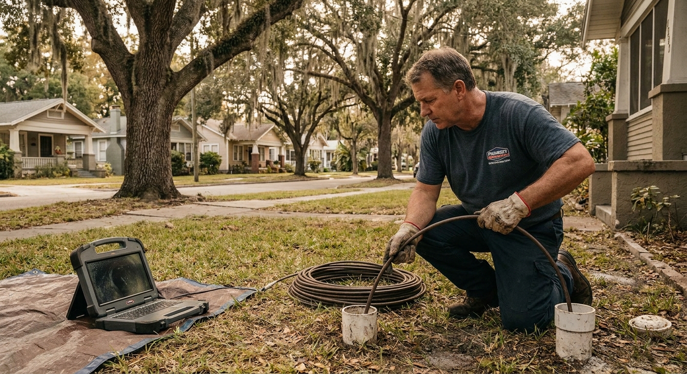 Sewer camera inspection of an aging lateral line in an older Tampa neighborhood