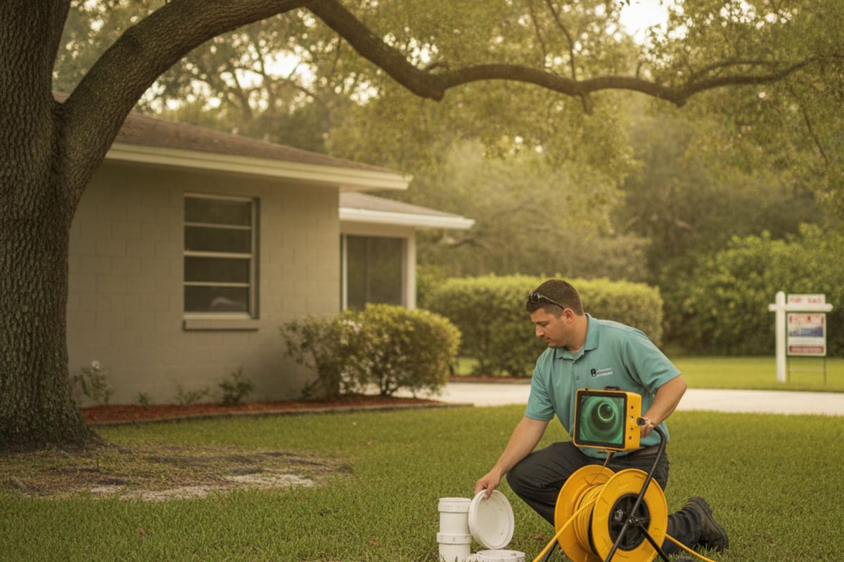 Plumber feeding a sewer camera reel into a cleanout beside an older Tampa Bay house with the monitor visible