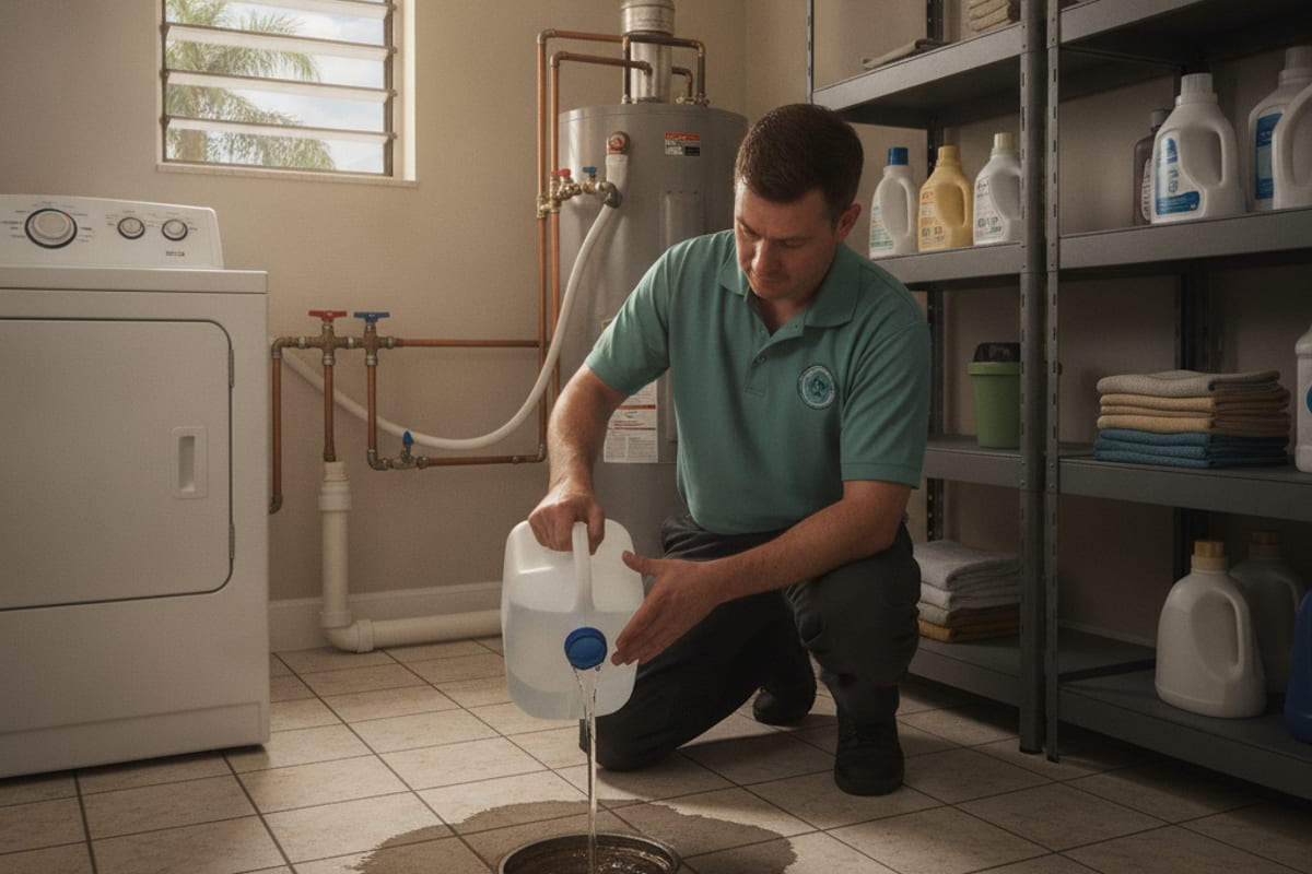 Plumber pouring water from a jug into a floor drain to refill a dried-out trap in a Florida laundry room