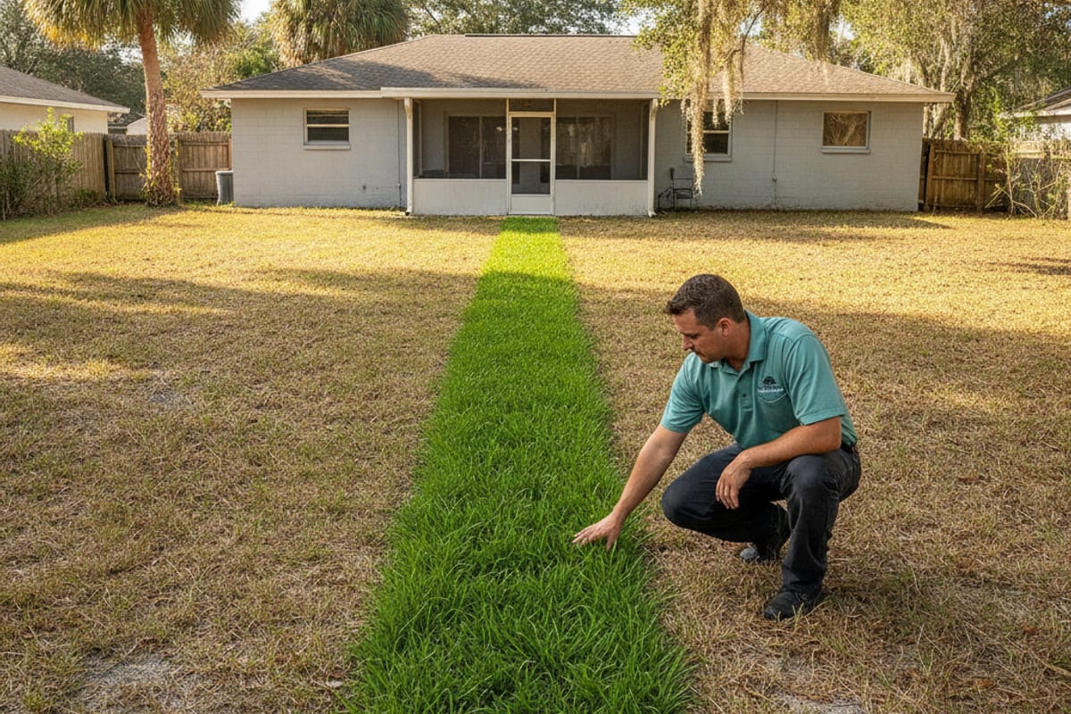 A distinctly greener strip of grass running across an otherwise ordinary lawn, with a plumber crouched examining it