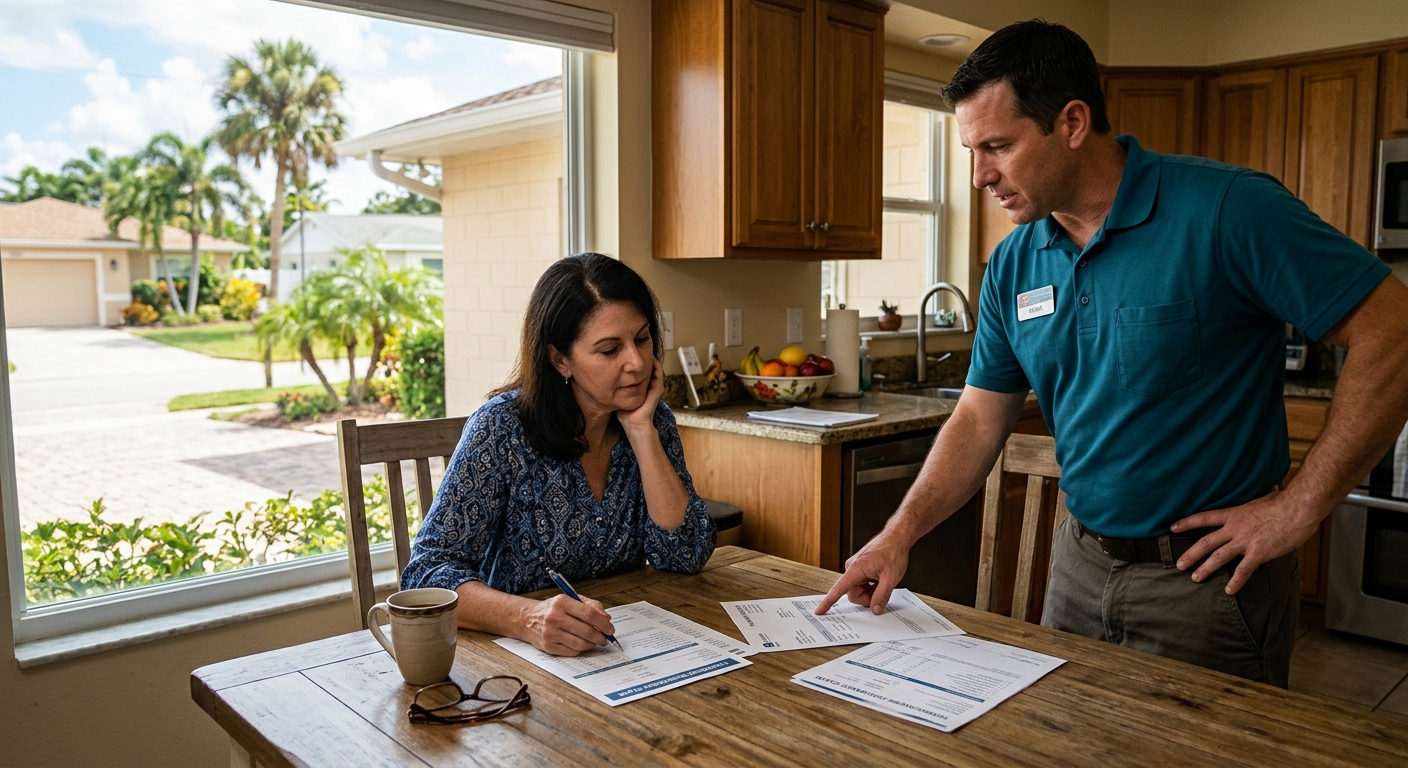 Homeowner reviewing an insurance claim form alongside a plumbing invoice at a kitchen table