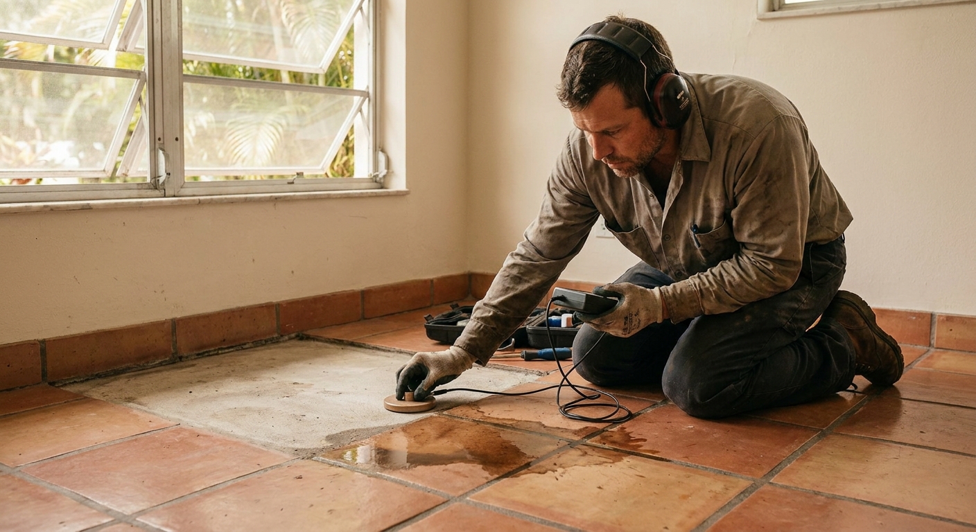 Plumber using acoustic leak detection on a slab-foundation floor in a Florida home