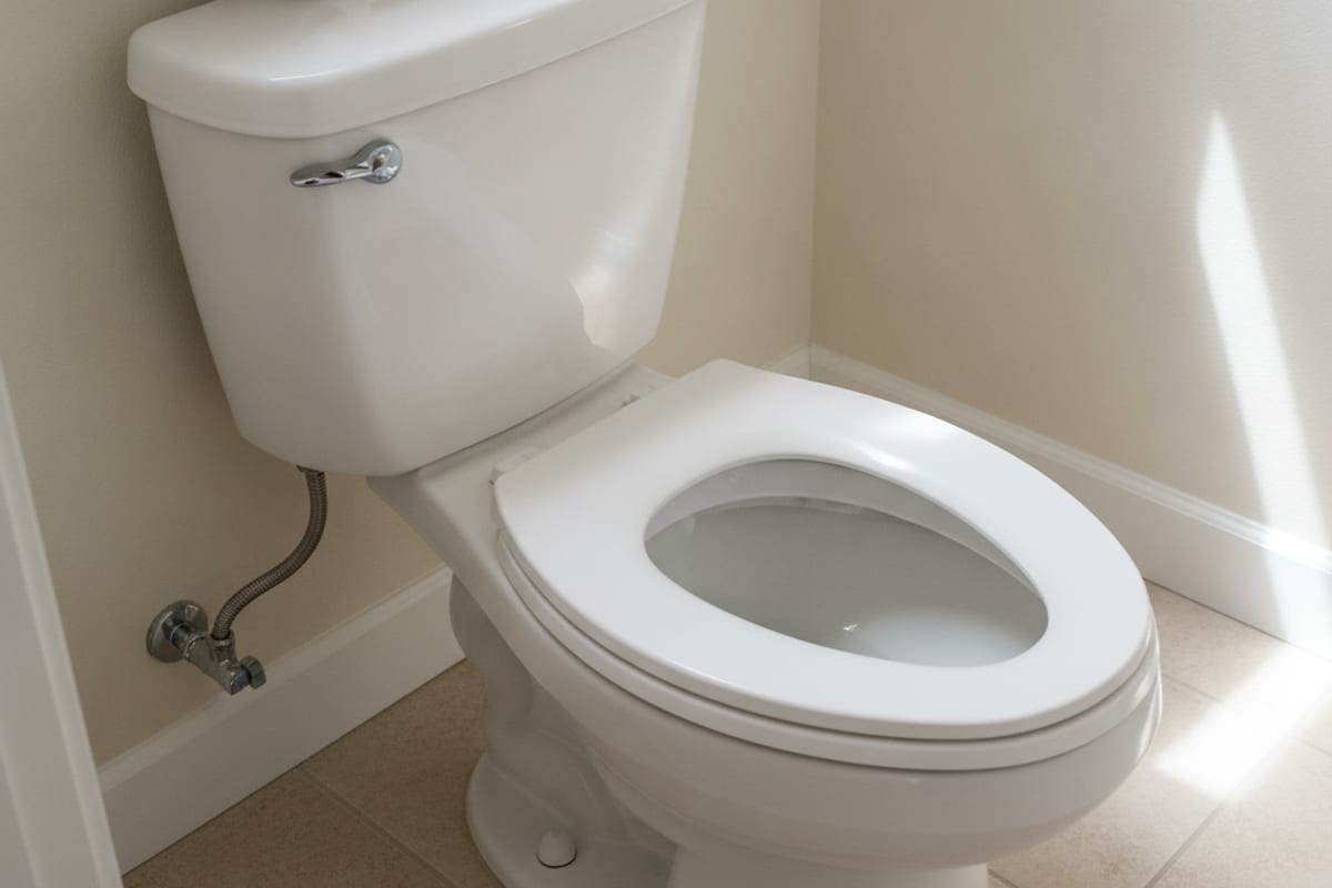 White two-piece toilet in the corner of a bright Florida bathroom with the seat lid raised, the chrome angle stop and braided steel supply line visible at the wall, sunlight falling across beige tile