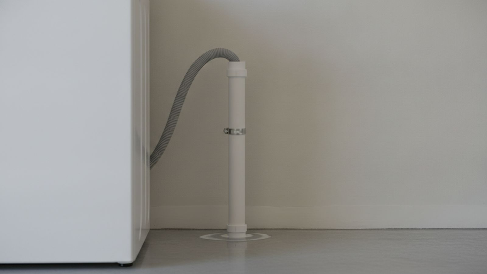 Washing machine drain hose seated in a wall standpipe in a Tampa garage laundry area, with no people or text