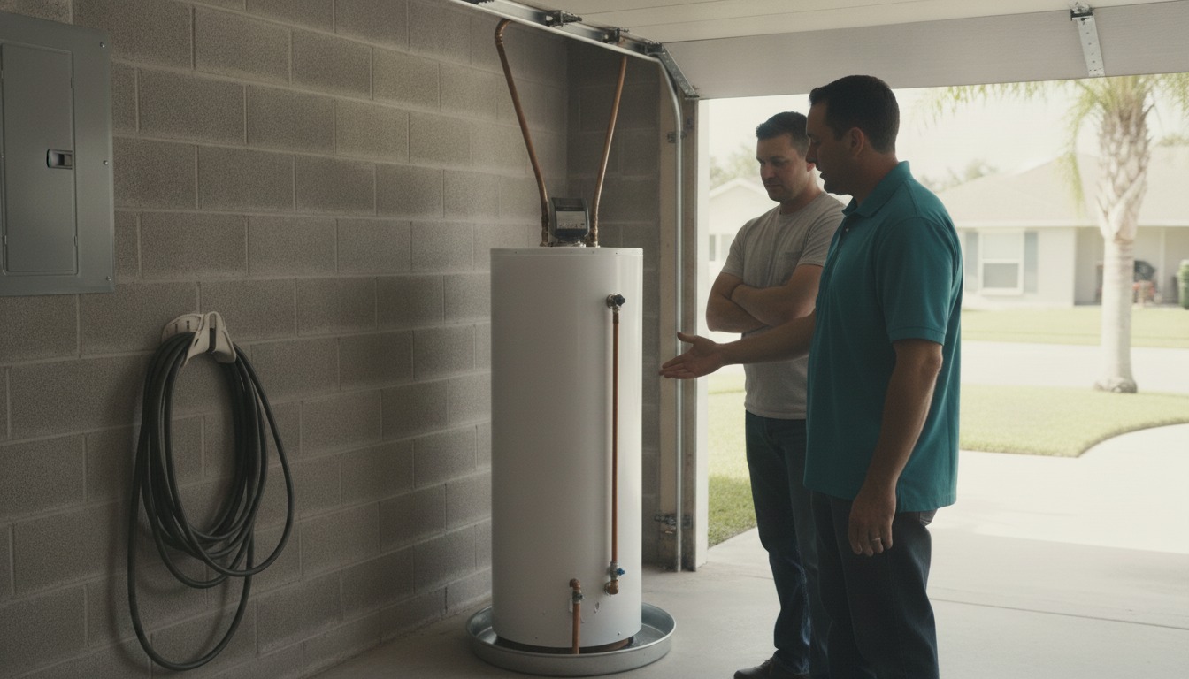 A plumber and homeowner standing beside a newly installed water heater with a drain pan underneath in a Tampa garage