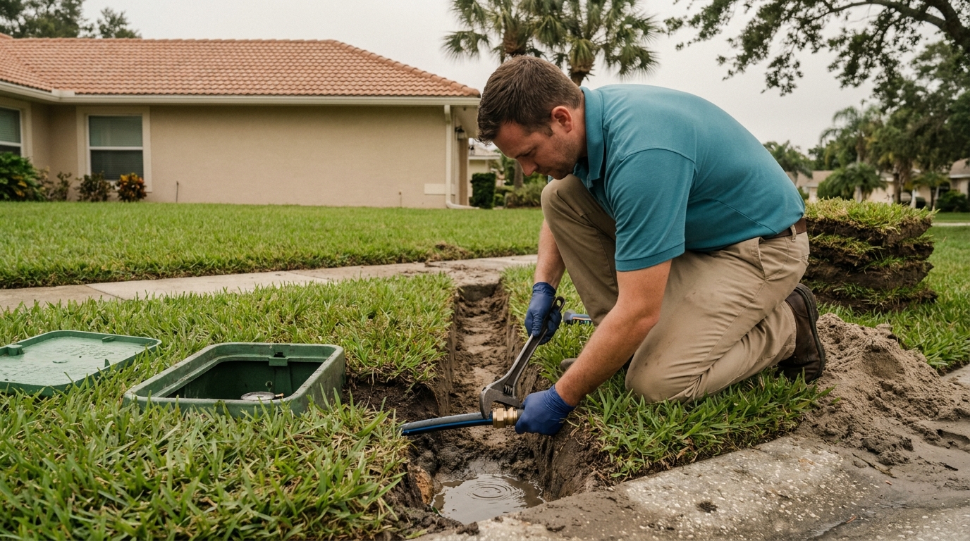 Plumber repairing a buried water service line in an open trench beside a water meter box in a Tampa Bay front yard