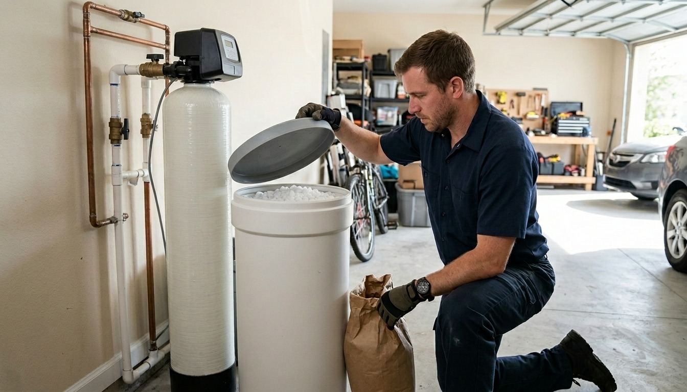 A plumber servicing a water softener's brine tank during a maintenance visit in a Tampa Bay garage