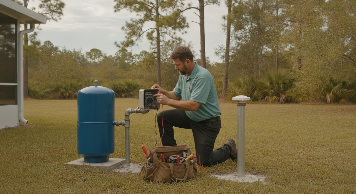 Plumber testing a pressure switch beside a well pressure tank at a rural Pasco County home