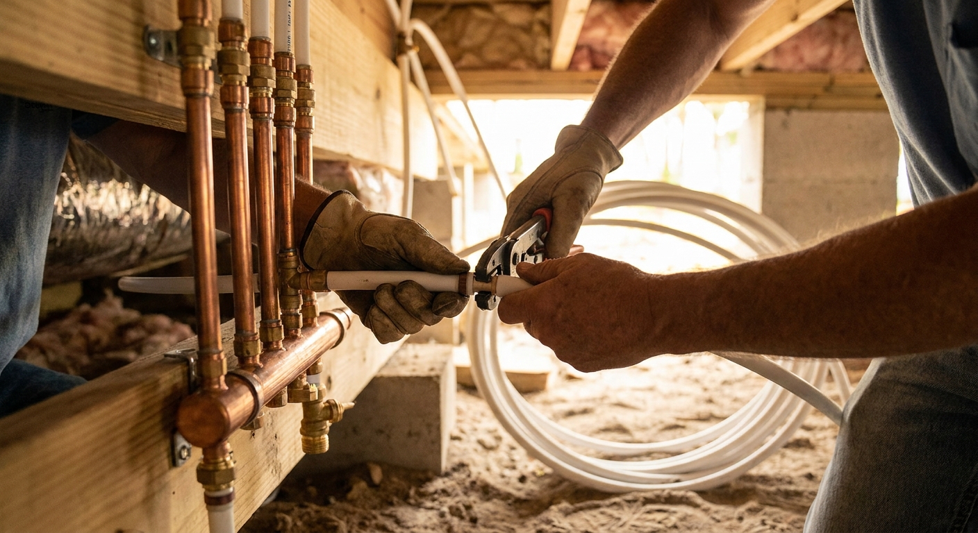Plumber installing new PEX supply lines during a Tampa home repipe